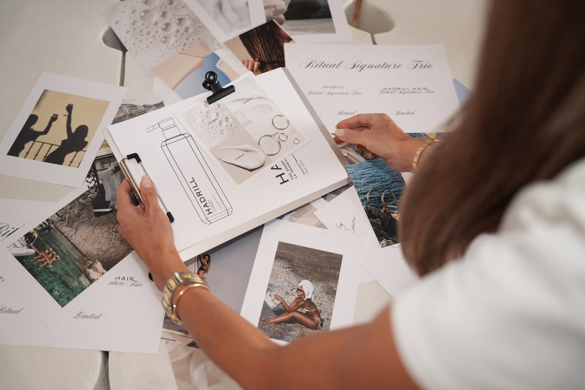 Hadrill hair care bottle sketches and design moodboards